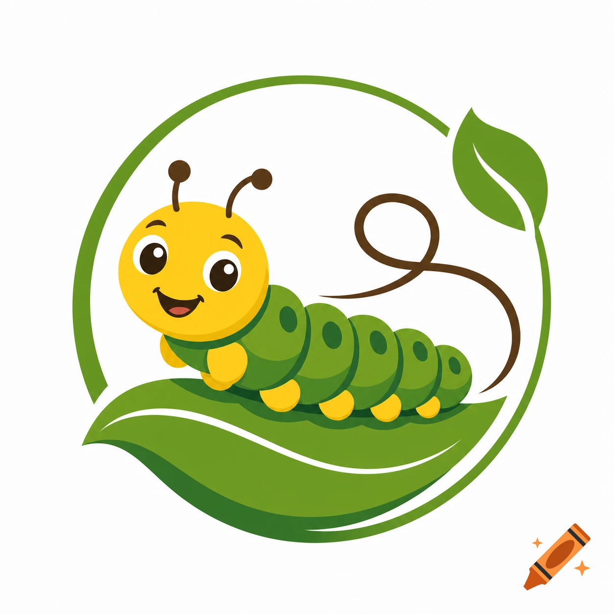 Vector logo of a cute smiling green caterpillar on a leaf inside a circle.