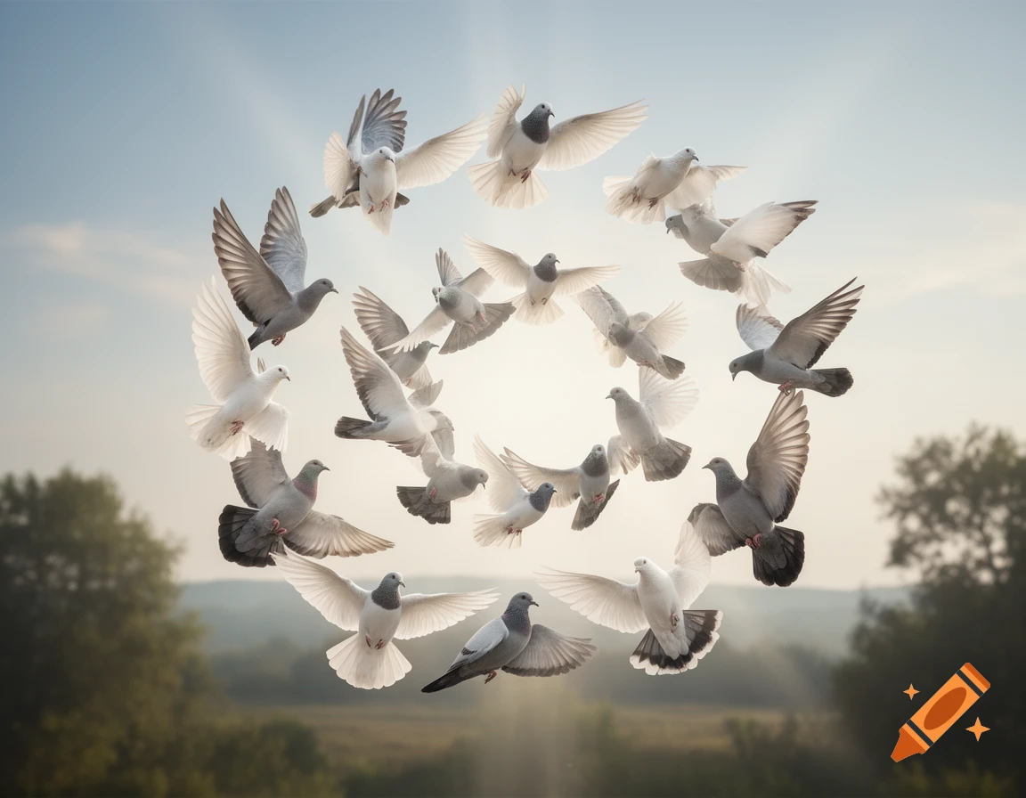 A photorealistic spiral formation of many white and grey pigeons flying against a bright, hazy sky above a landscape.