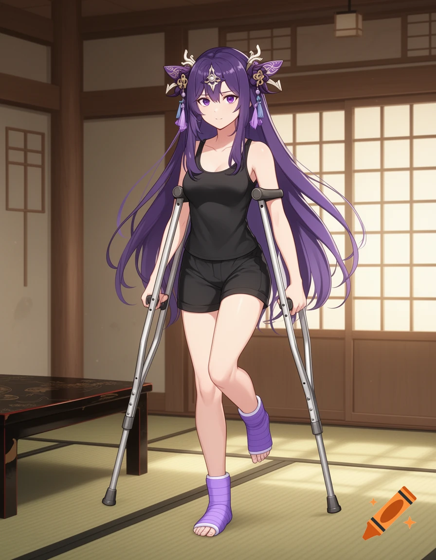 Anime-style character with purple hair and leg casts standing with crutches in a traditional Japanese room.