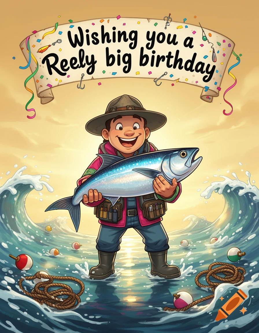 Cartoon illustration of a smiling fisherman holding a large fish, standing in ocean waves with a birthday banner overhead.