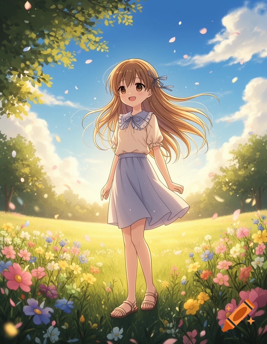 Anime style illustration of a young girl with long light brown hair and a blue dress standing in a sunny meadow filled with flowers.