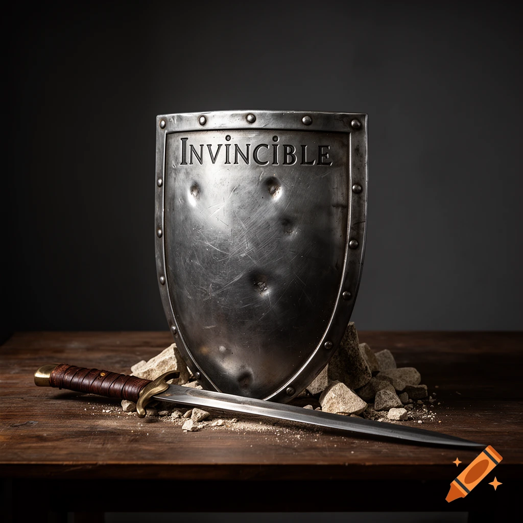 Photorealistic still life of a metal shield with the word 'Invincible' engraved, and a sword resting on a wooden table.