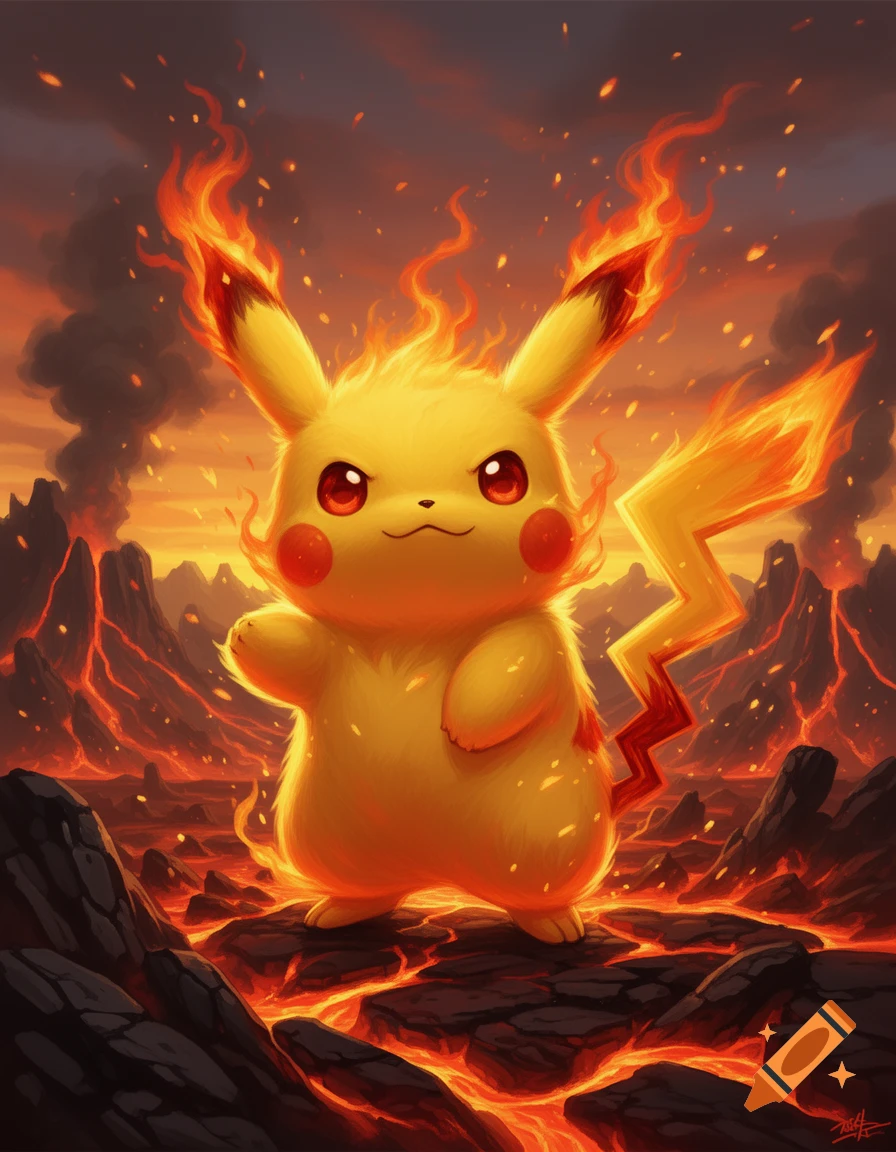 Digital illustration of a fiery Pikachu standing on volcanic rocks with a background of glowing lava and smoke, fantasy style.