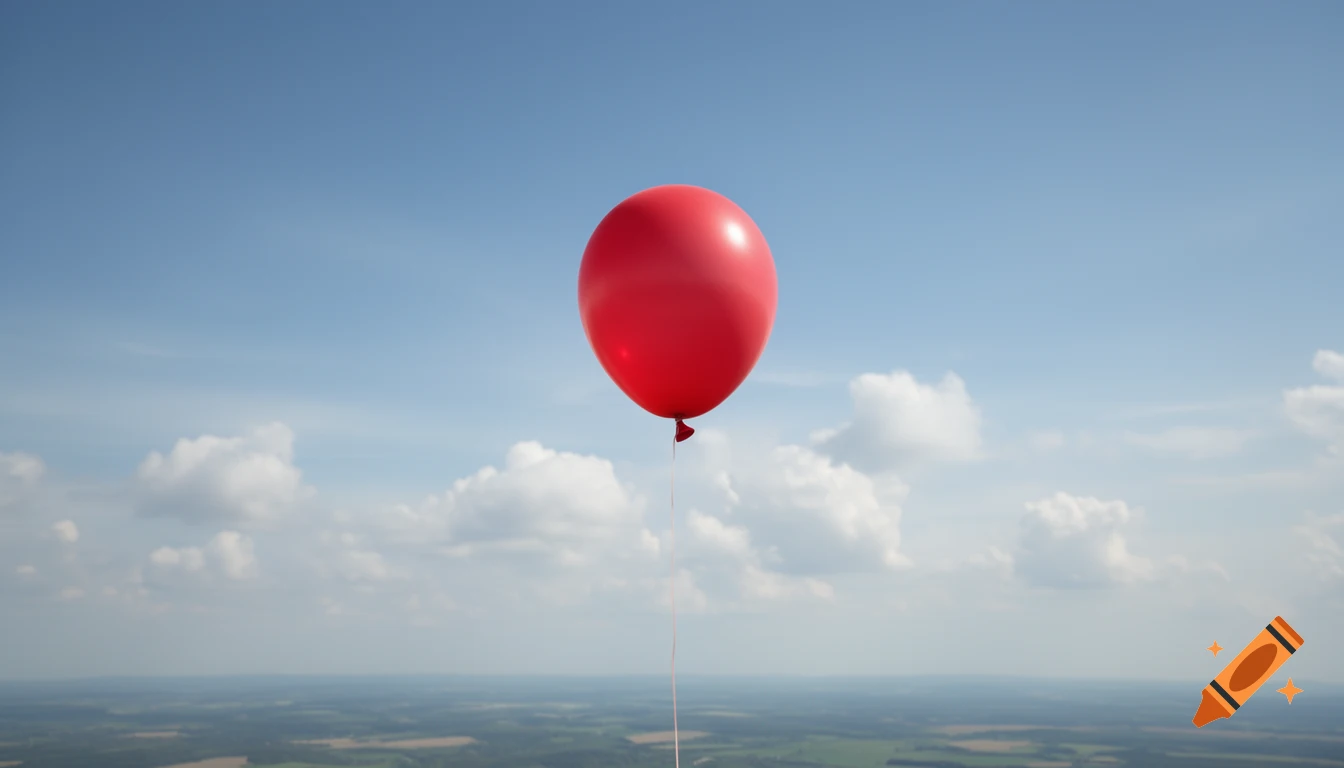 Photorealistic image of a single red balloon tethered in a clear blue sky with fluffy white clouds and a landscape below.