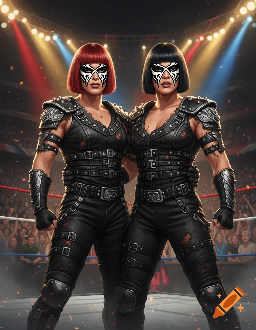 Digital illustration of two female wrestlers in black leather studded outfits and face paint standing in a wrestling ring.