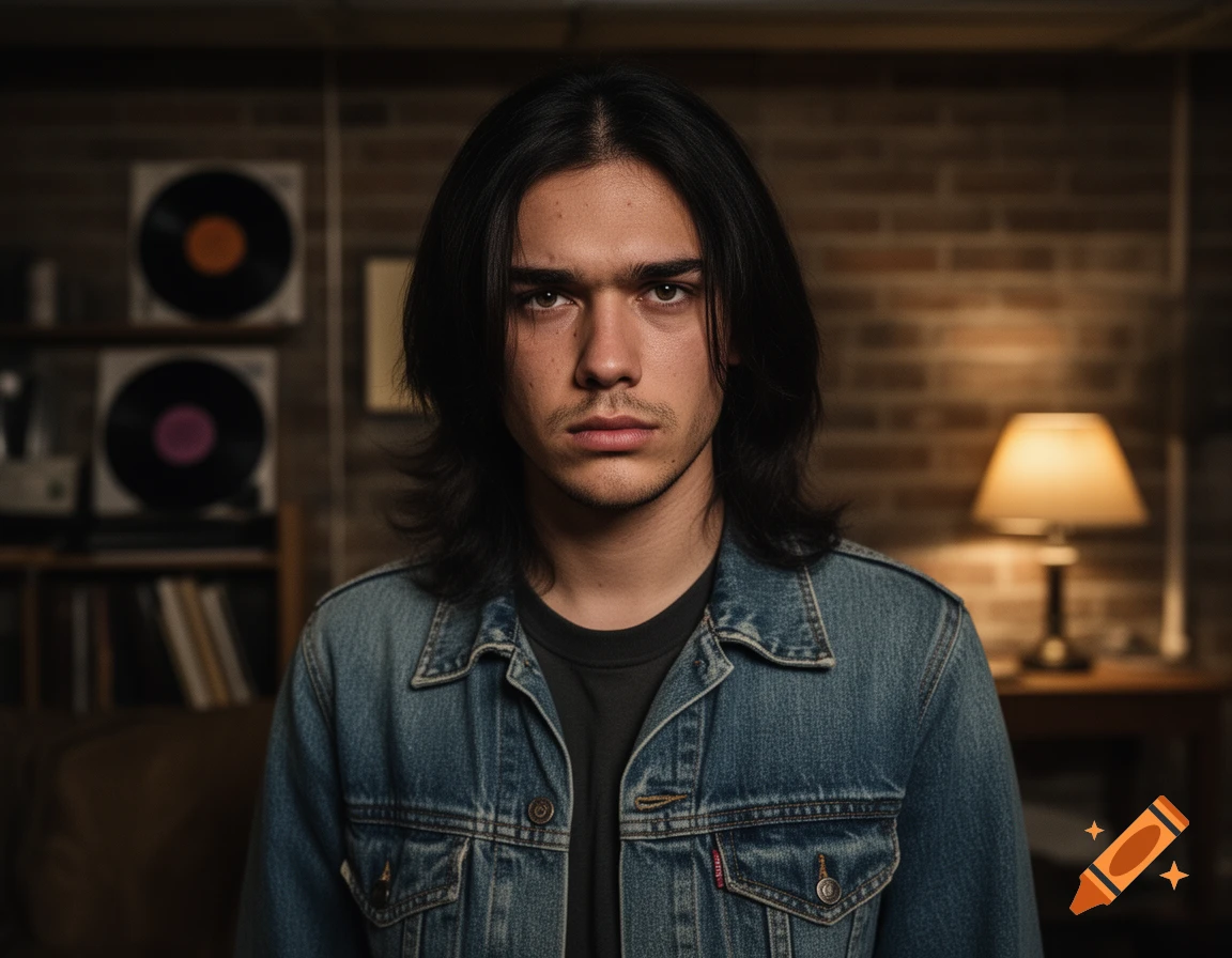 Photorealistic medium shot of a young man with dark hair, a mustache, and a denim jacket in a basement setting with vinyl records and a lamp.