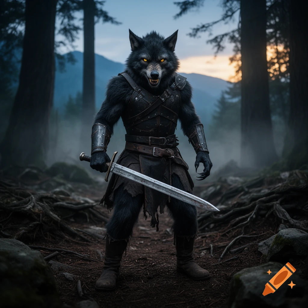 A photorealistic depiction of a menacing werewolf warrior with black fur, glowing golden eyes, and leather armor holding a sword in a misty forest.