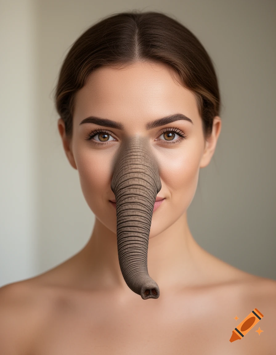 Photorealistic portrait of a young woman with a human-skin-toned elephant trunk instead of a nose.