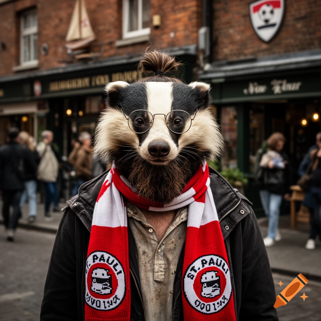 Close-up portrait of a hipster badger with a men-bun, beard, and round glasses, wearing a red and white scarf on a city street.