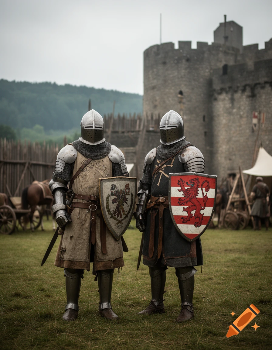 Two medieval knights in full plate armor holding heraldic shields standing before a stone castle.