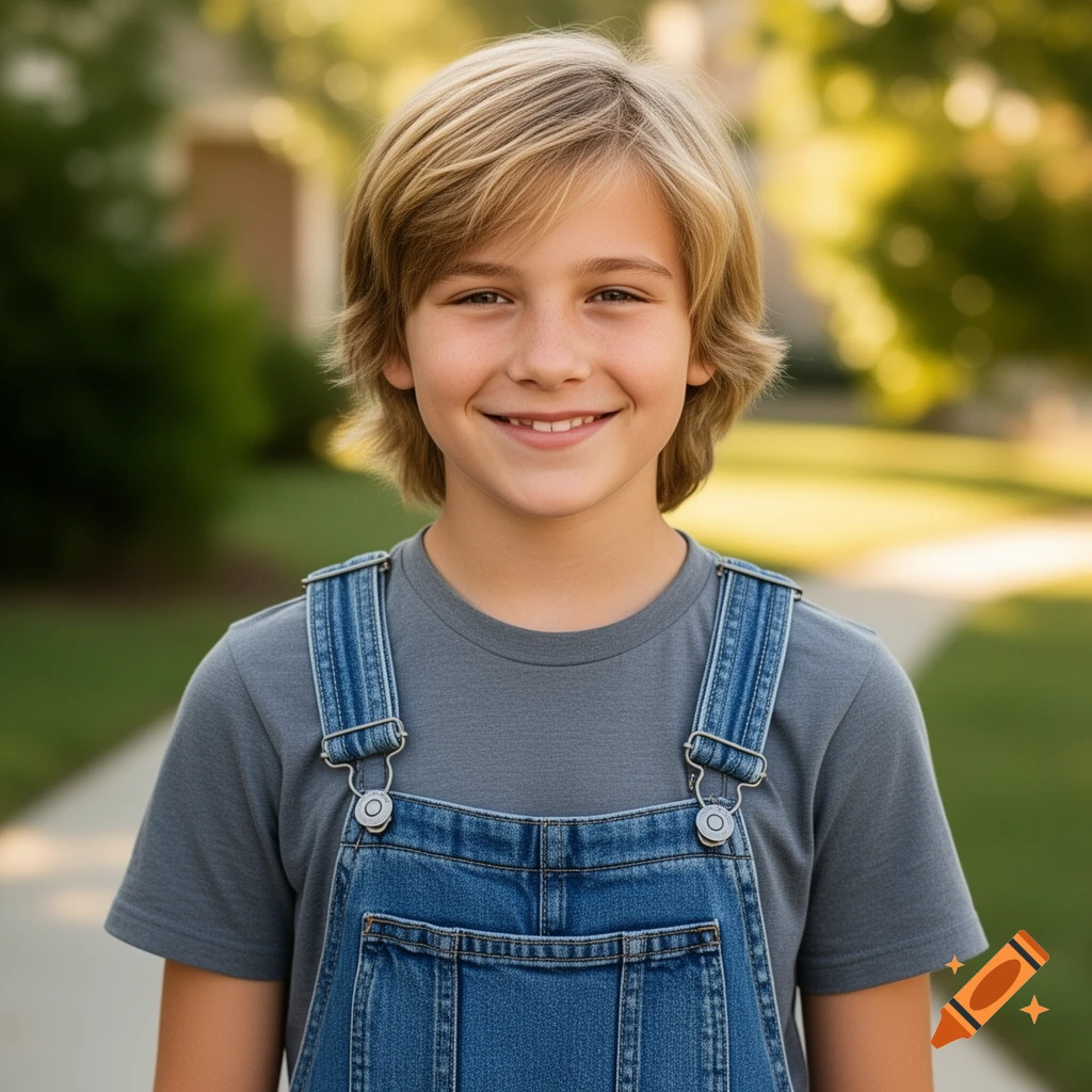 Photorealistic portrait of a smiling 13-year-old boy with medium-length blond hair wearing denim overalls outdoors.