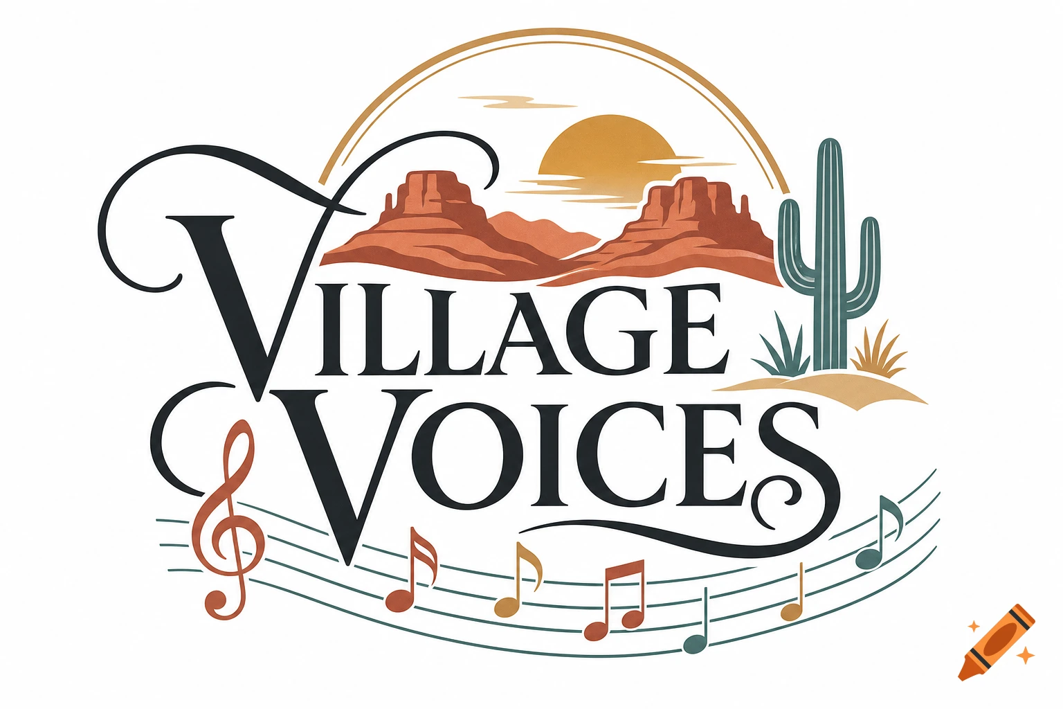 Logo for Village Voices featuring classic typography, desert landscape with mesas and a cactus, and a music staff with notes.