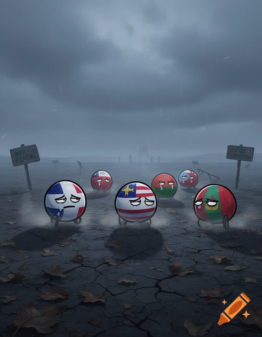 Sad countryballs with tears walking on cracked dry earth under a stormy sky in a digital art style.