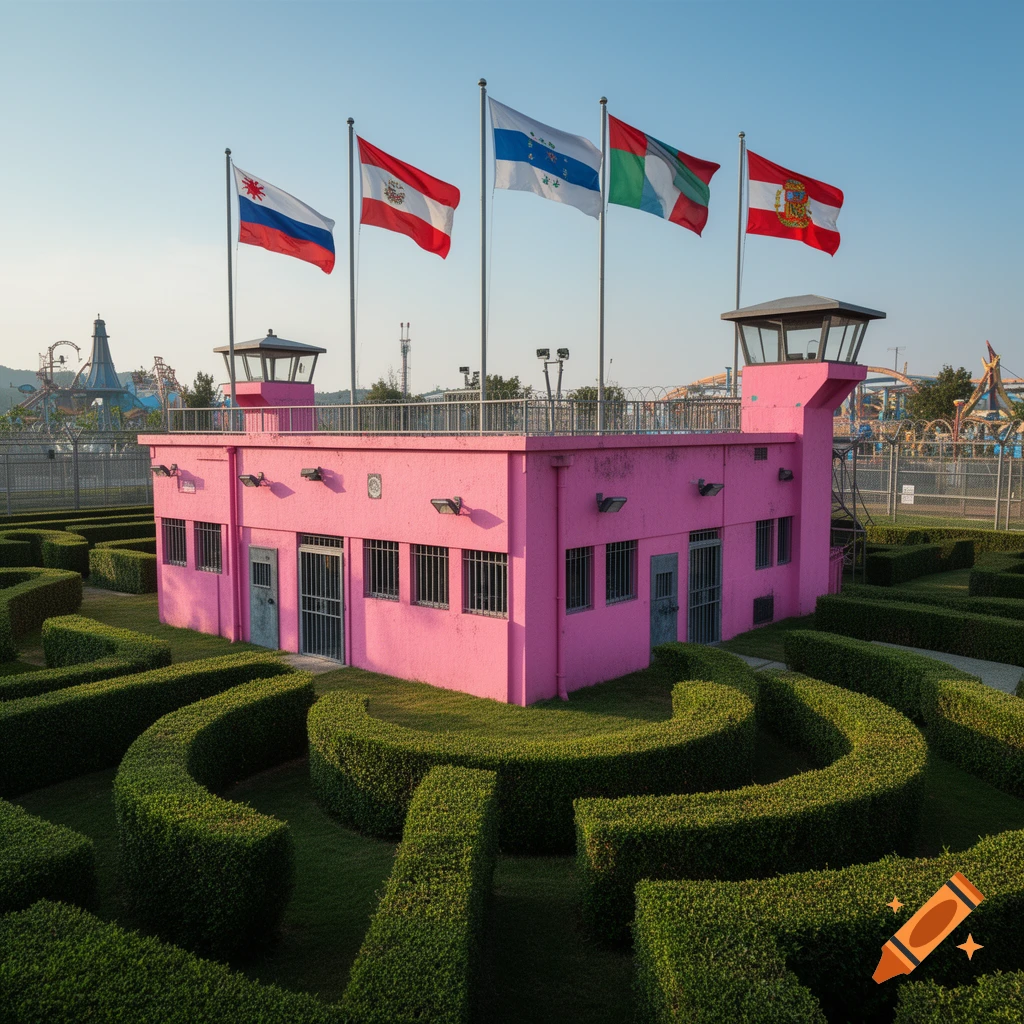 A pink prison-like building surrounded by a green hedge maze with multiple flags flying from the roof under a clear blue sky.