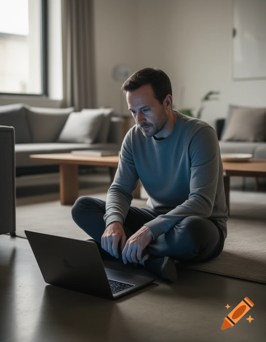 Photorealistic image of a man sitting cross-legged on the floor in a living room, working on a laptop.