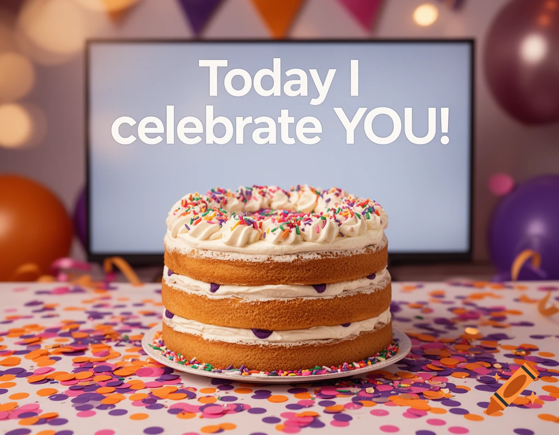 A multi-layered white frosted cake decorated with colorful sprinkles on a table with confetti, in front of a screen displaying text.