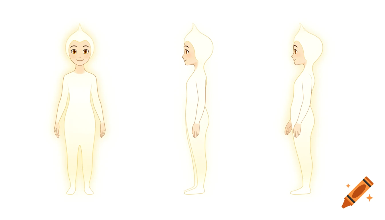 Character turnaround sheet showing a gentle luminous spirit being with soft glowing skin, calm eyes, and a smooth minimal silhouette in vector illustration style.