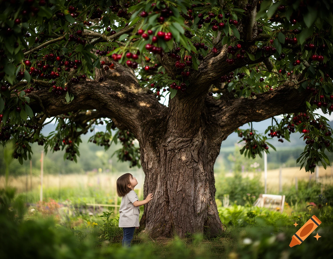 A small child standing next to a massive, old cherry tree laden with ripe red cherries in a lush green orchard.