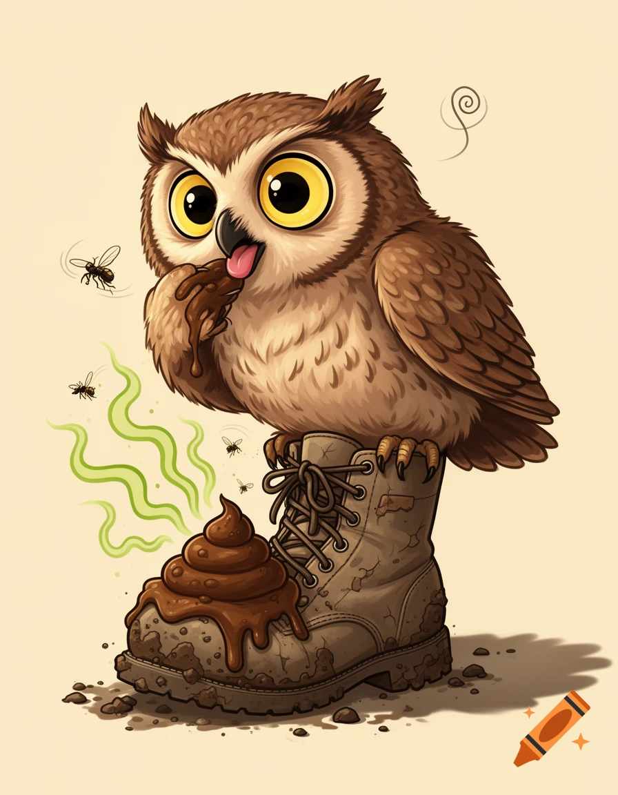 Cartoon illustration of a cute brown owl sitting on a muddy boot and licking poop with green stink lines and flies.