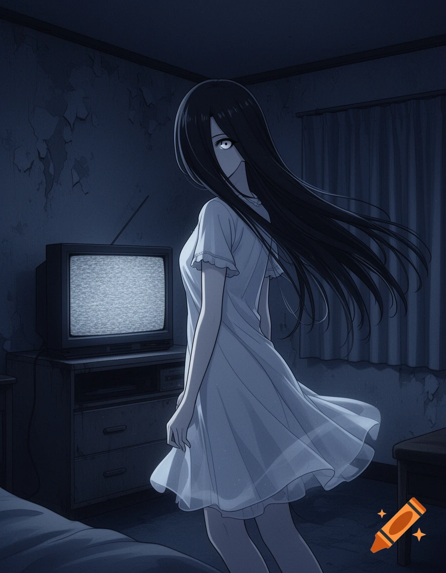 Anime style illustration of a pale ghost woman with long black hair wearing a white night dress in a dark room with a CRT TV.