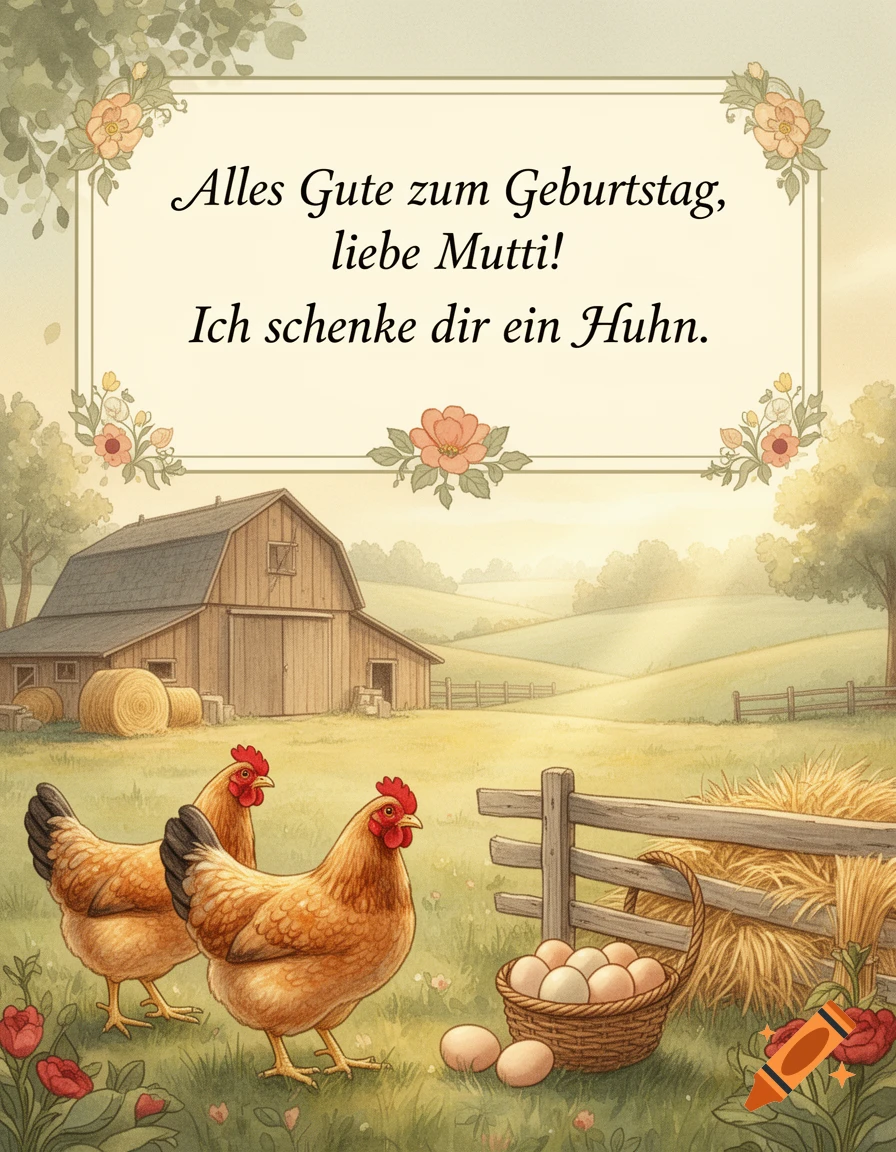 Birthday greeting card with German text, featuring a rustic farm scene with chickens and a basket of eggs in a watercolor illustration style.