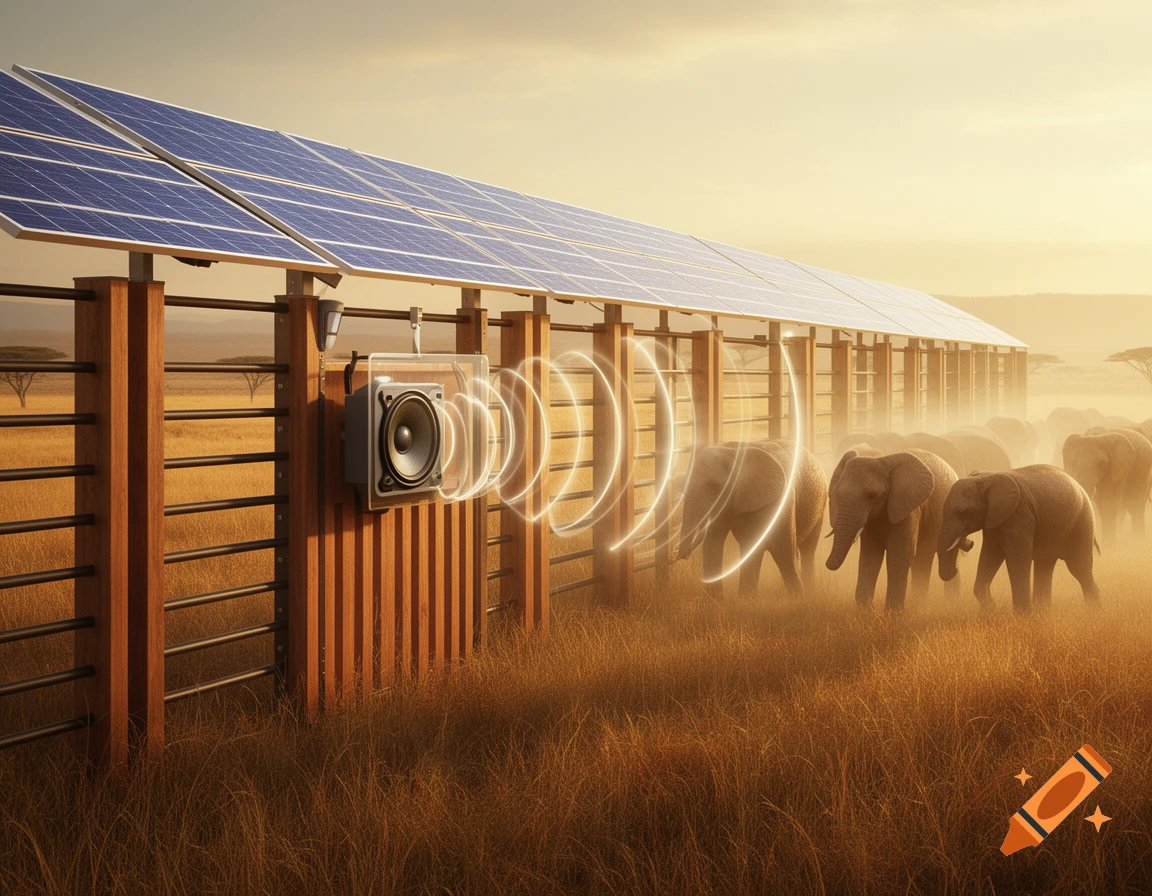 Photorealistic image of a solar-powered fence with a speaker emitting sound waves towards a herd of elephants in a savannah.