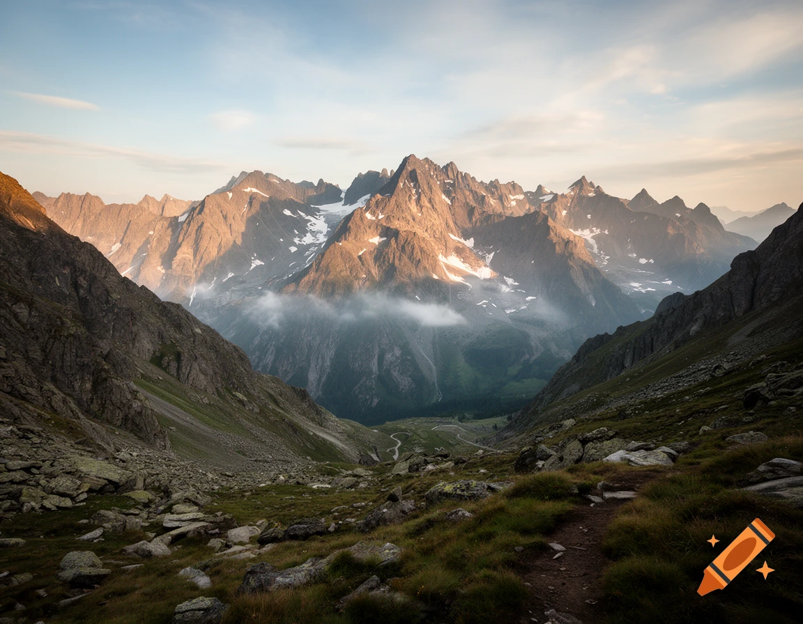 Photorealistic view of rugged mountain peaks with patches of snow and a valley trail in the foreground under a partly cloudy sky.