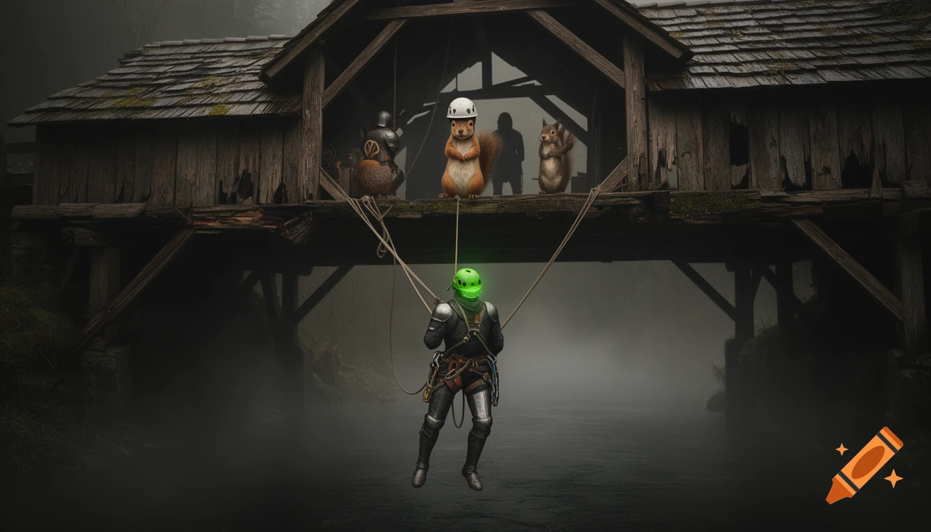 A knight in armor hangs by ropes from a rustic wooden bridge over a foggy river, watched by squirrels in helmets. Photorealistic style.