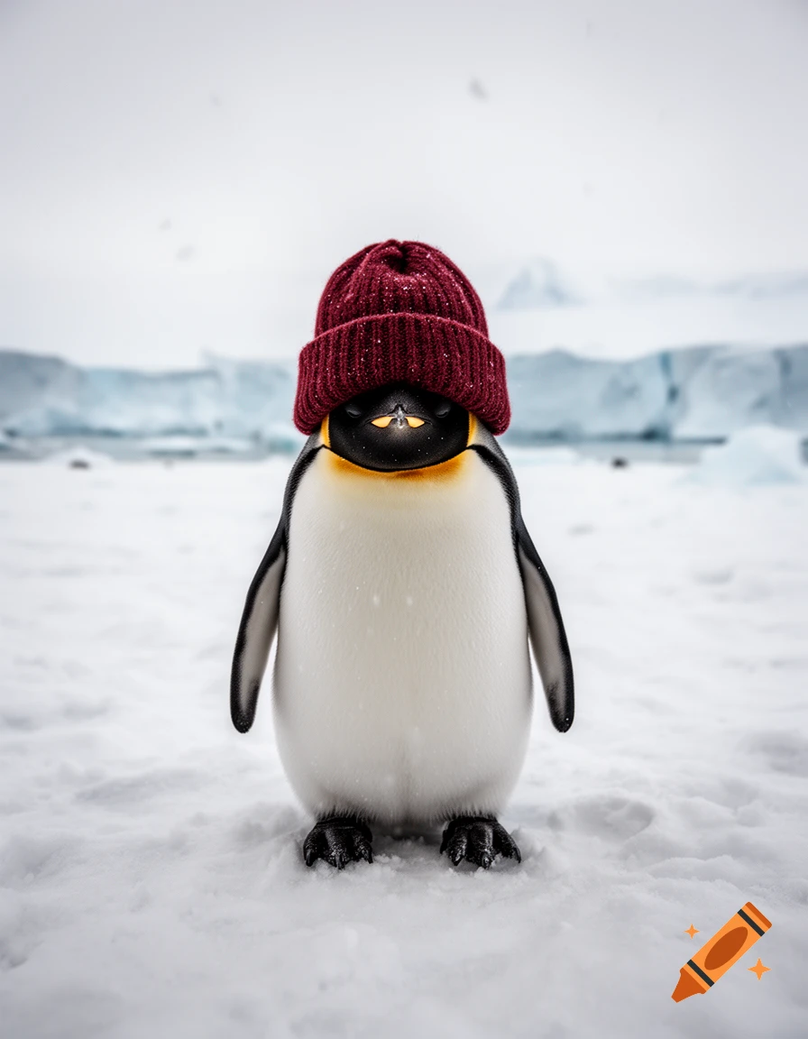 Photorealistic image of a single penguin standing in the snow, wearing a maroon knitted winter beanie.