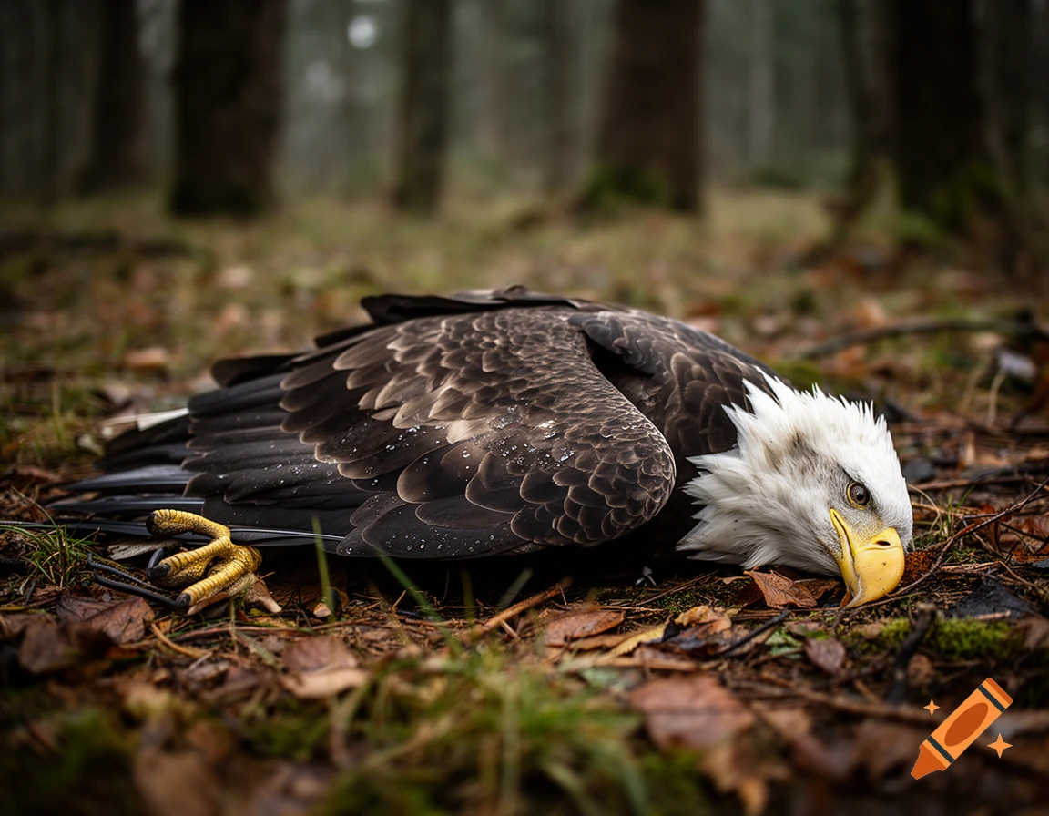 Photorealistic image of a dead bald eagle lying on the forest floor among dry leaves.