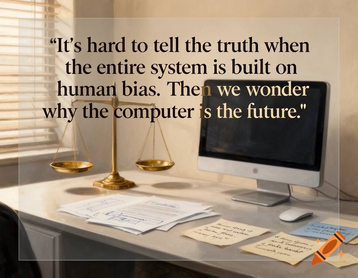 A digital graphic featuring a quote overlaying an office desk with a computer monitor, scales of justice, and papers.