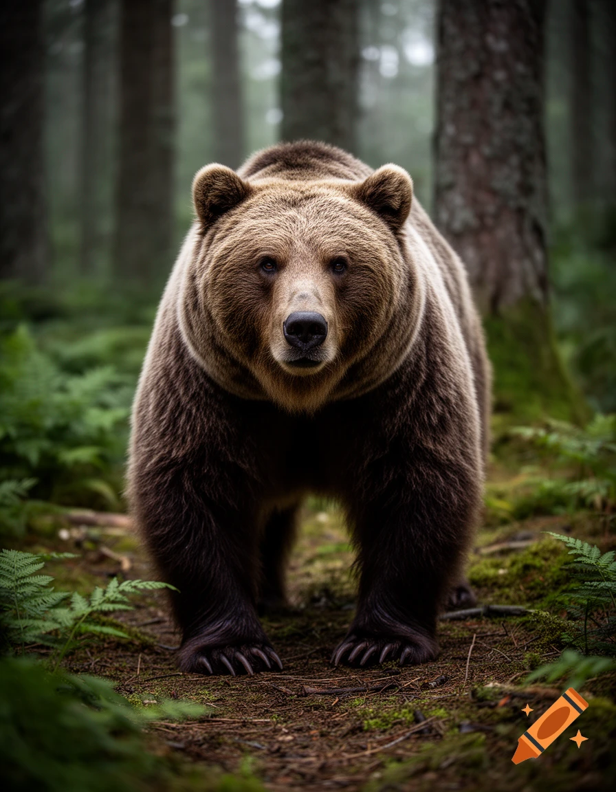 Photorealistic image of a brown bear standing in a misty, green forest.