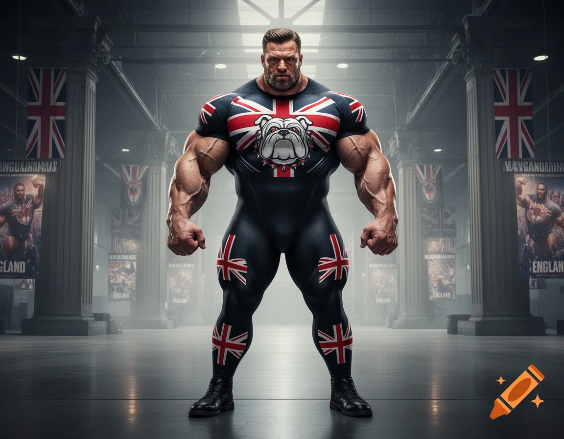 A heavily muscled man in a British flag compression suit stands in a large industrial hangar.