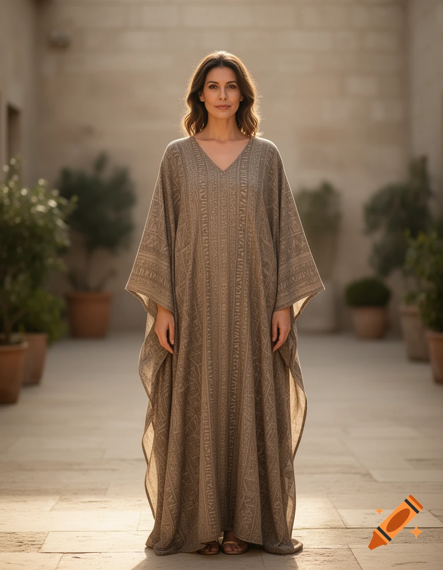 Photorealistic full-length shot of a woman wearing a long, patterned beige kaftan, standing in an outdoor courtyard with potted plants.