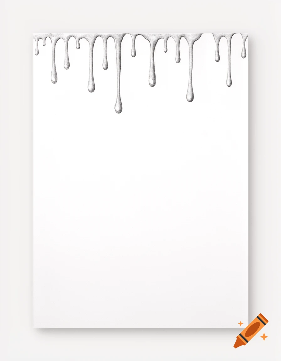 Hand-drawn black and white vertical illustration featuring silver dripping paint from the top edge onto a white sheet of paper.