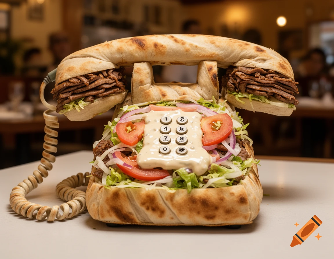 A rotary telephone sculpted from gyro meat, pita bread, lettuce, tomatoes, and onions on a table.