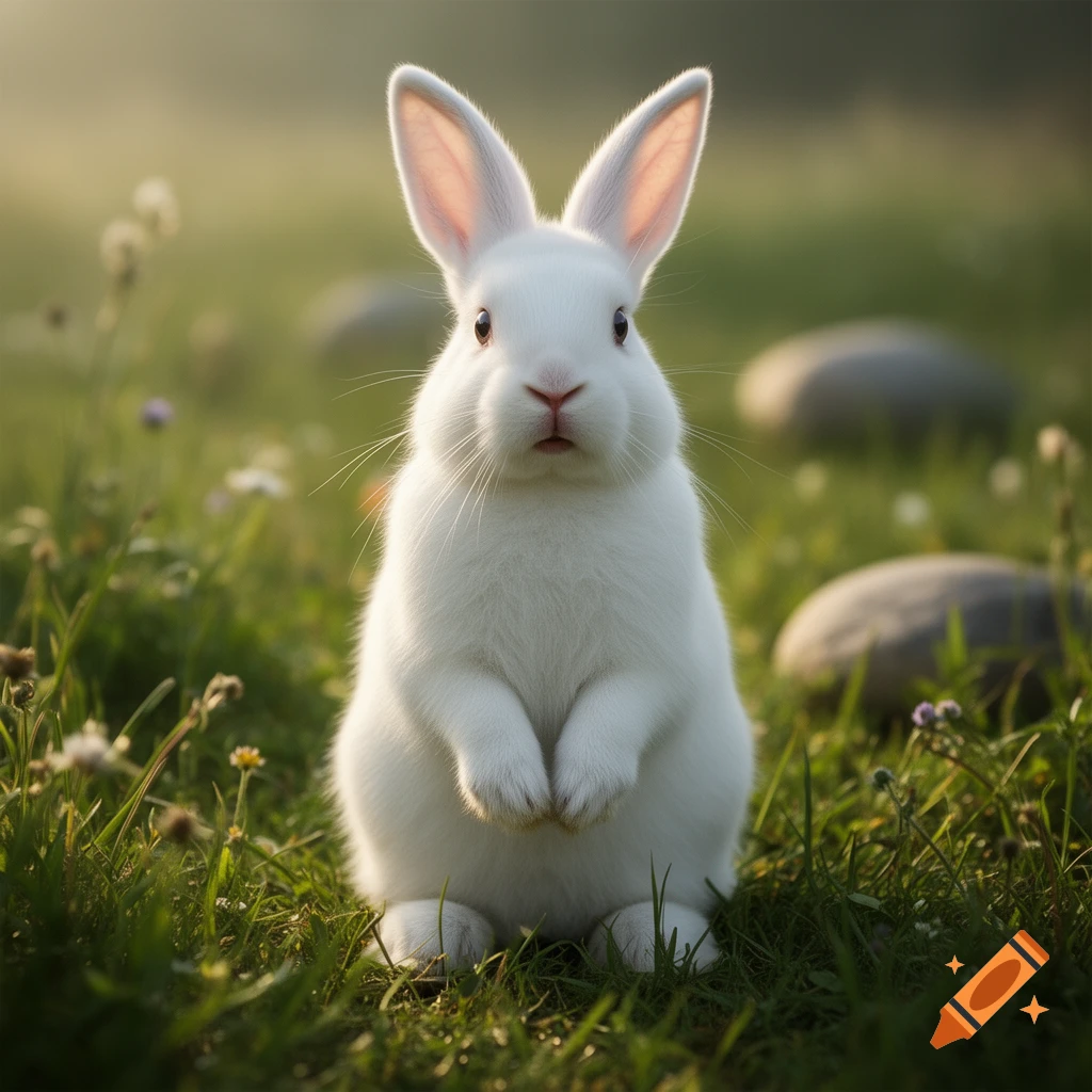 Photorealistic white bunny with a pink nose standing on green grass in a field.