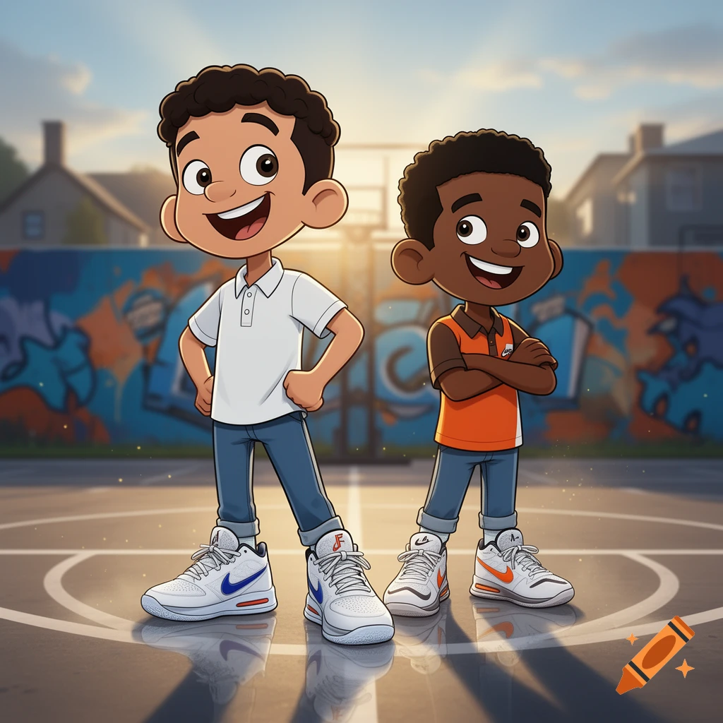 Cartoon illustration of two boys standing on a basketball court with a graffiti backdrop.