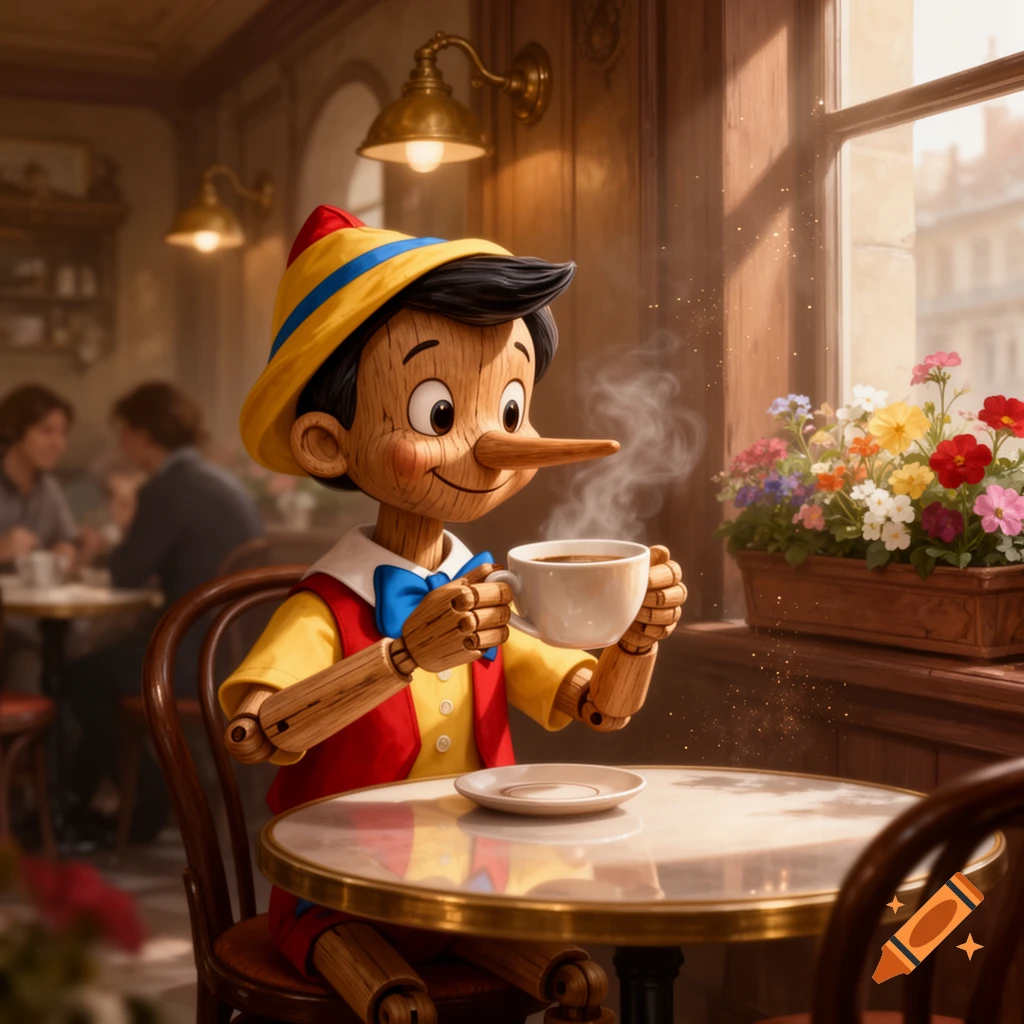 Pinocchio sitting at a cafe table, drinking a cup of coffee near a sunny window with flowers. Digital illustration.