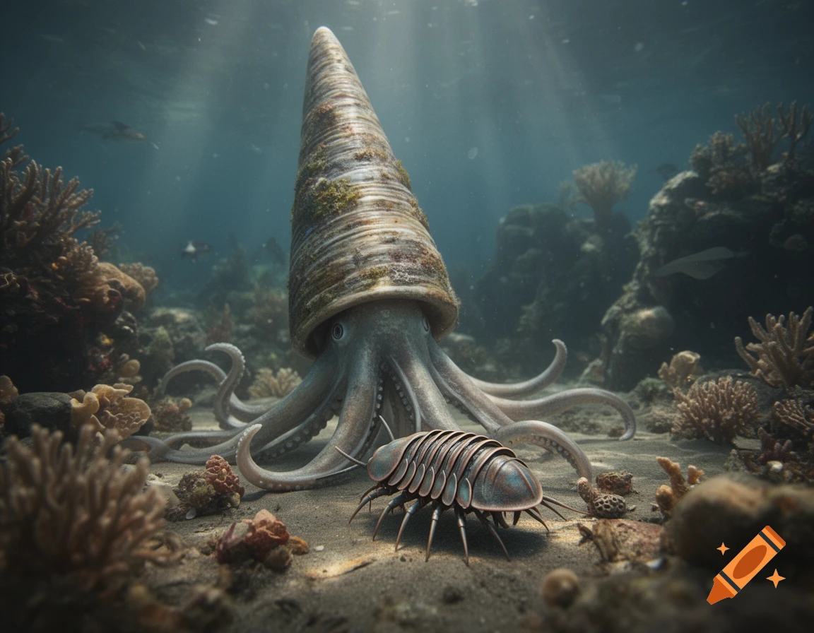 Photorealistic underwater scene of a giant orthocone shell with octopus tentacles reaching toward a trilobite on the sandy seafloor.