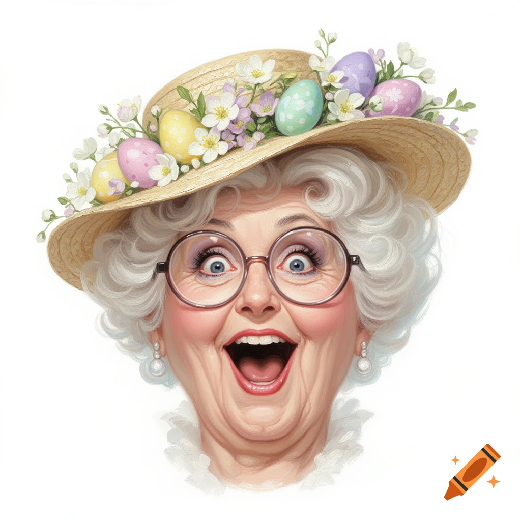 Digital oil painting caricature of an expressive elderly woman with curly white hair, round glasses, and a flower- and Easter-egg-decorated straw hat.