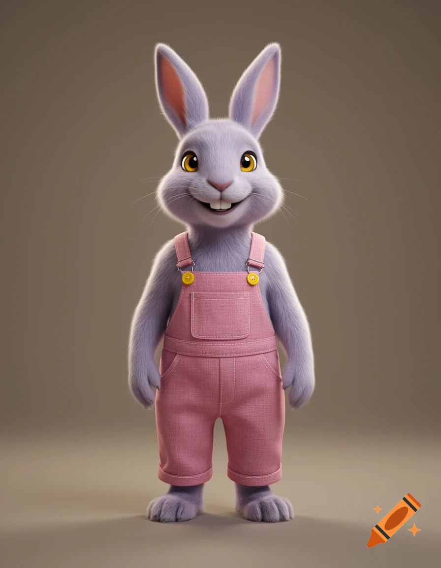 3D render of an anthropomorphic light purple rabbit smiling, wearing pink overalls.
