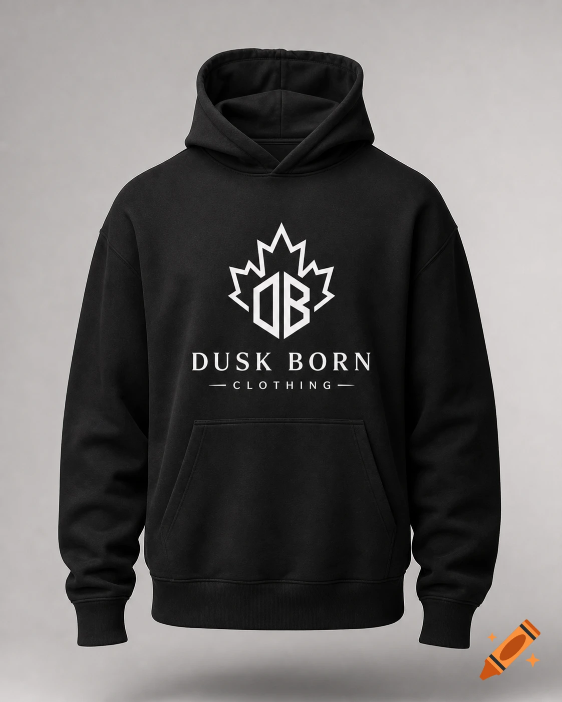 Photorealistic image of a black hoodie featuring a white maple leaf logo and the text DUSK BORN CLOTHING.