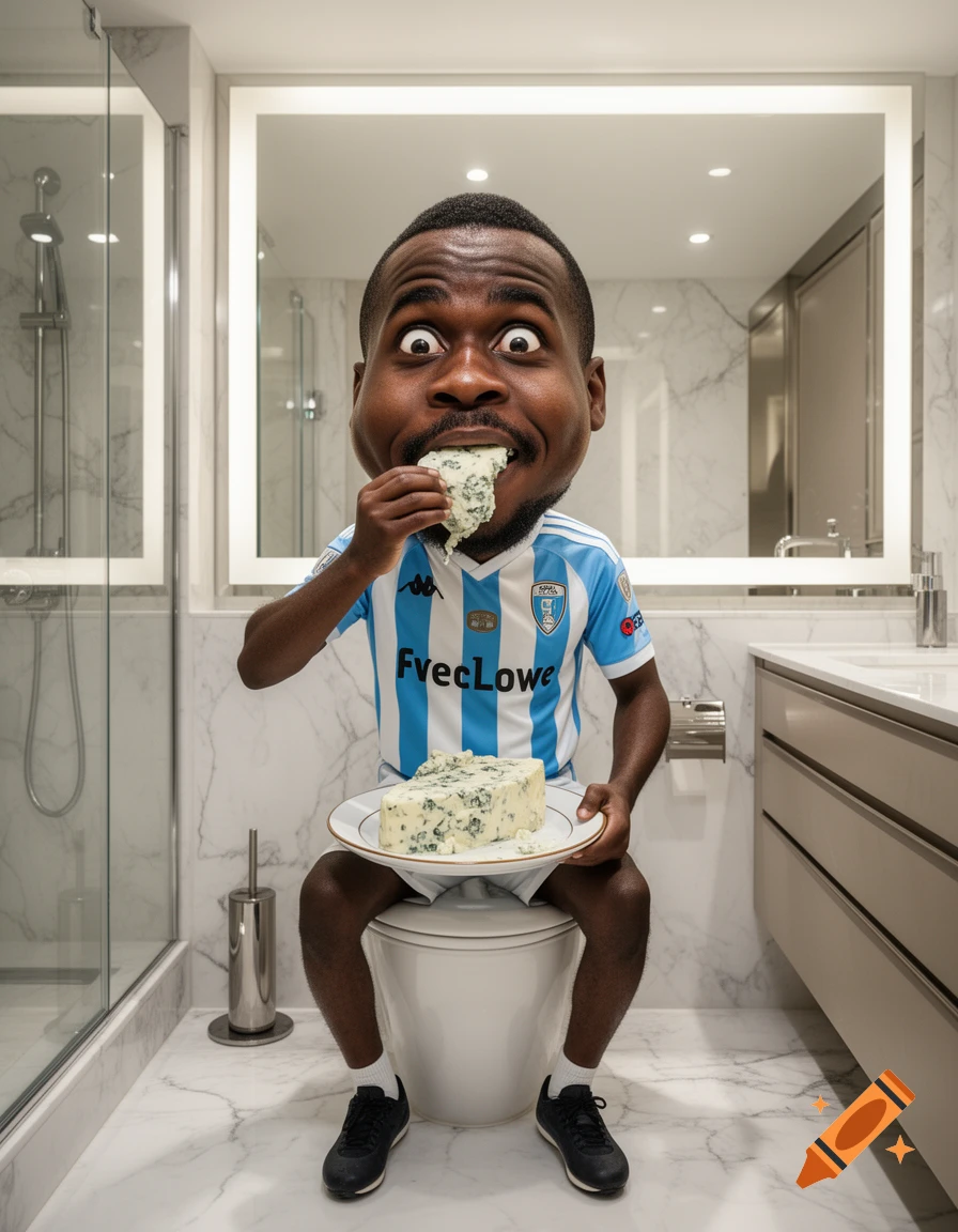 Caricature of a soccer player with an oversized head sitting on a toilet eating blue cheese in a luxurious bathroom.