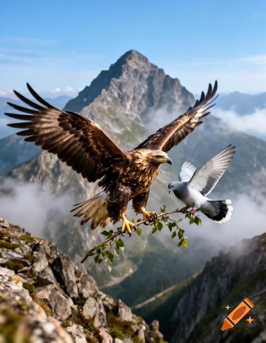 An eagle and a pigeon holding a leafy branch together perched on a mountain peak in a photorealistic style.