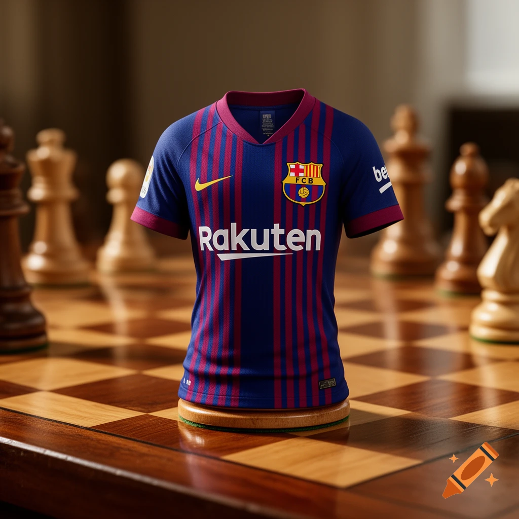 A FC Barcelona football jersey shaped like a chess piece, standing on a wooden chessboard with chess pieces in the background.