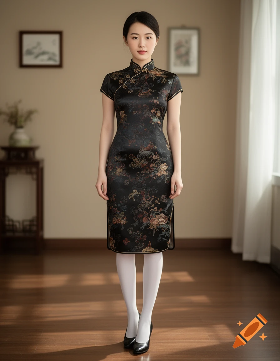 Photorealistic full-body portrait of a young Chinese woman wearing a black patterned qipao dress, white tights, and black high heels in a room.