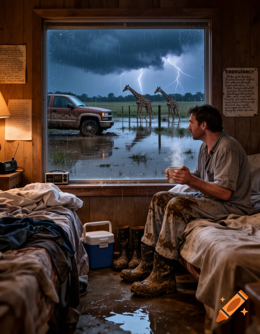 A man in muddy pajamas sits on a bed holding coffee, looking out a window at a flooded yard with a truck and two giraffes in the rain.