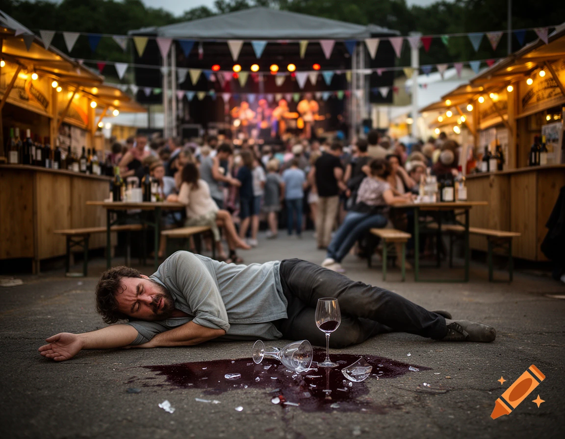 A man lying drunk on the ground at a crowded street festival with a broken wine glass and spilled wine in the foreground, photorealistic.