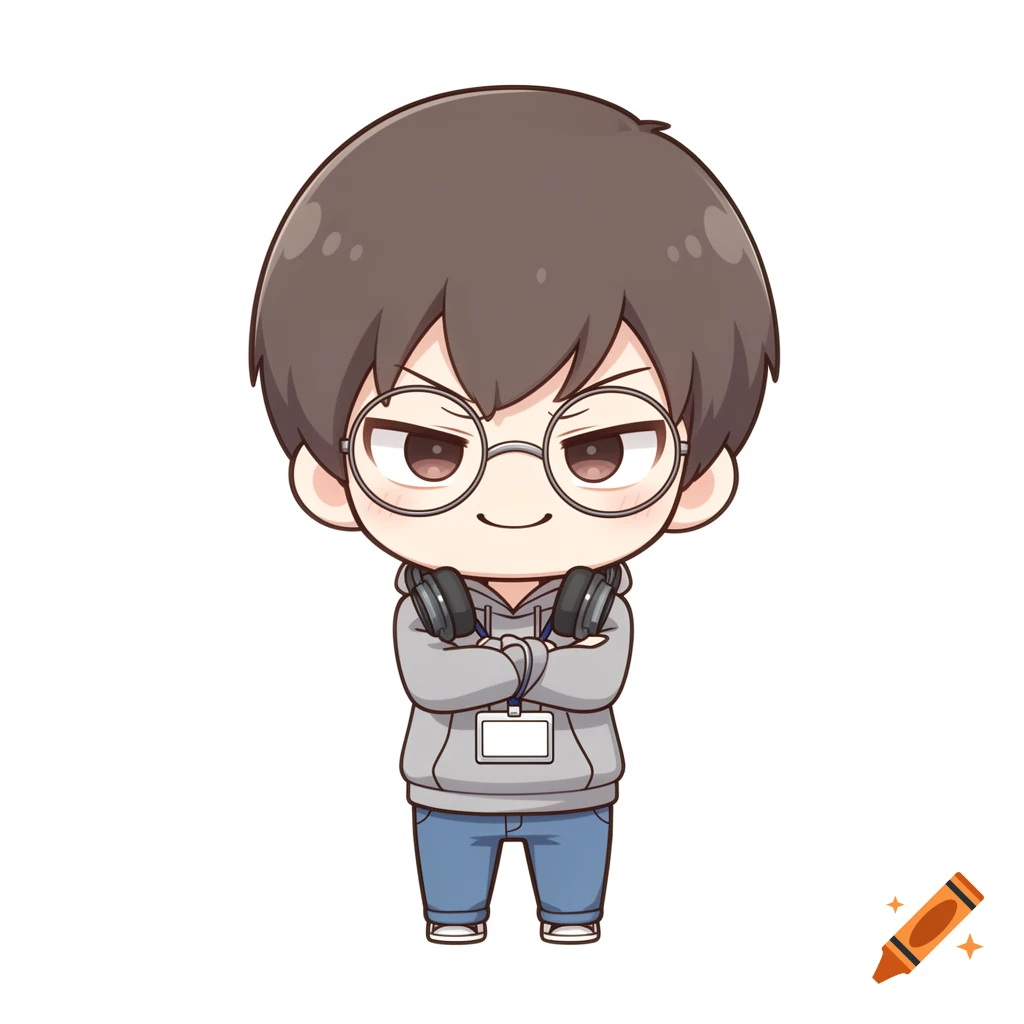 Chibi anime character in a grey hoodie, round glasses, and headphones with a smug expression, drawn in soft line art against a white background.